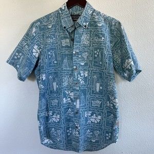 Reyn Spooner Rare Mens All Over Print Short Sleeve Button Shirt Size S Blue